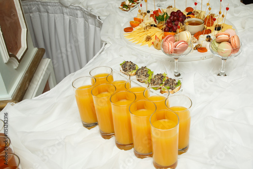 Buffet table on a white tablecloth