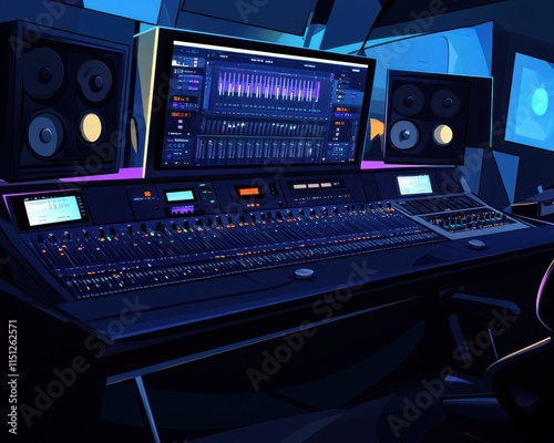 A vibrant and modern music studio featuring a digital mixing console and audio monitors, ideal for music production.