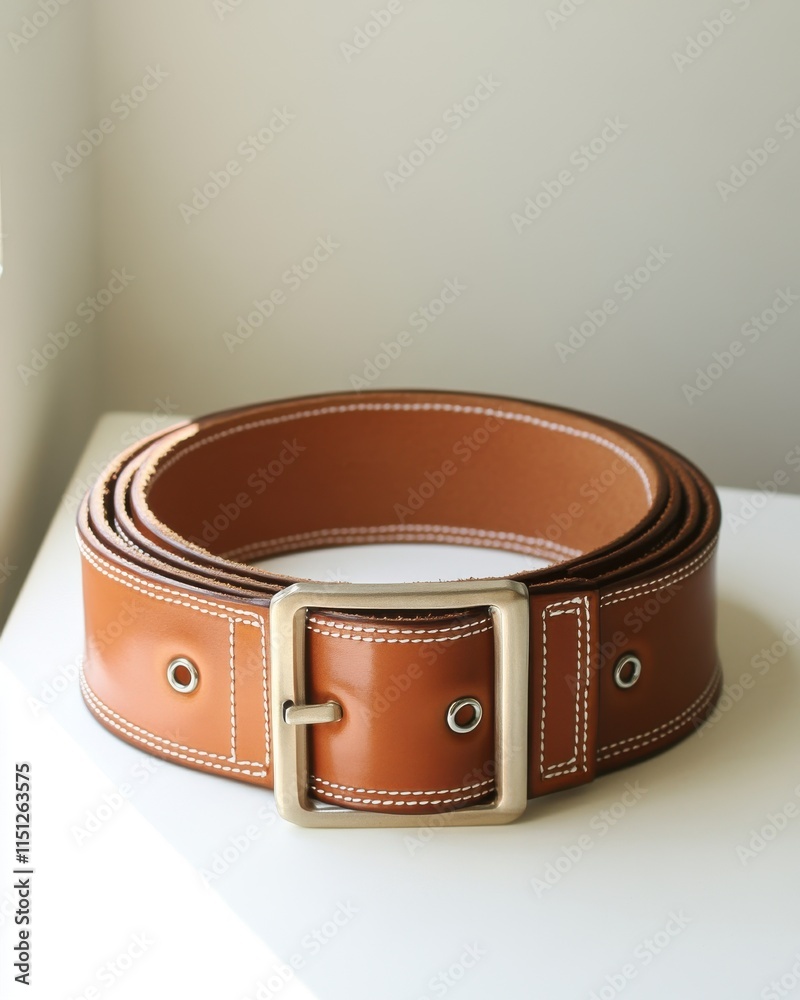 A stylish brown leather belt with a silver buckle, elegantly displayed on a white surface, highlighting its craftsmanship. A stylish brown leather belt with a silver buckle, elegantly displayed on a white surface, highlighting its craftsmanship.