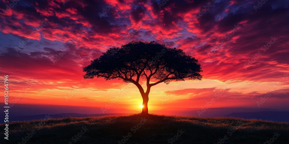 Obraz premium The silhouette of a tree is beautifully highlighted by a stunning sunrise, creating a mesmerizing scene where the tree s shadow intertwines with the colors of the sunrise.