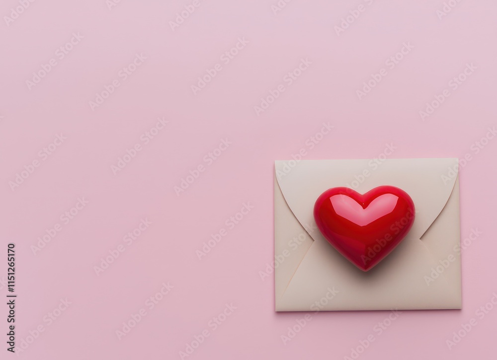 Flat-lay of a Valentine's love letter with a red heart on a pink background. Flat-lay of a Valentine's love letter with a red heart on a pink background.