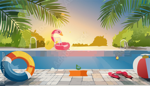 In a colorful swimming pool setting, you can discover a vibrant beach ball, a bright life preserver, and some stylish sunglasses resting on the waters edge