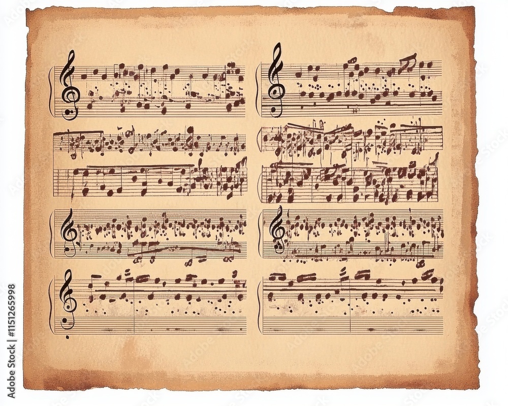 Fototapeta premium A vintage sheet music illustration featuring intricate musical notes on aged parchment.