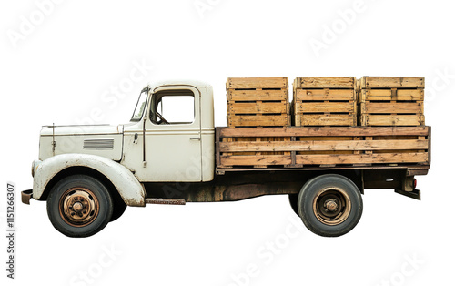 White Truck from the Side with Wooden Cargo Crates isolated on transparent Background
