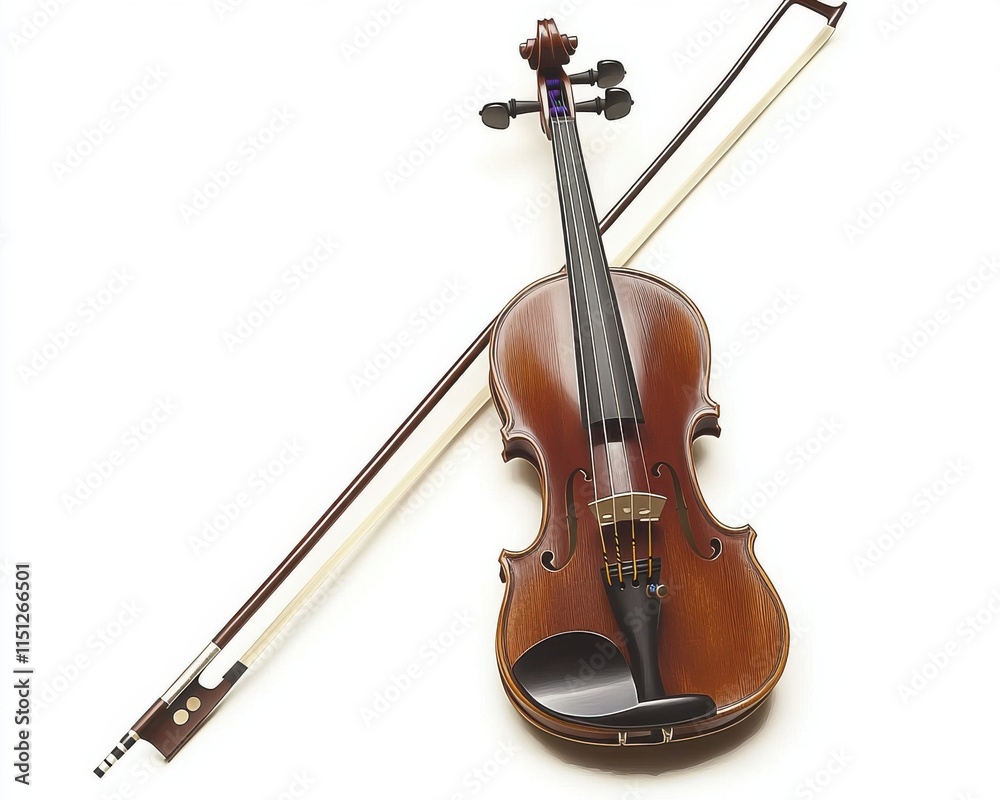 Fototapeta premium A beautifully crafted wooden violin with a bow, showcasing its elegant curves and rich color.