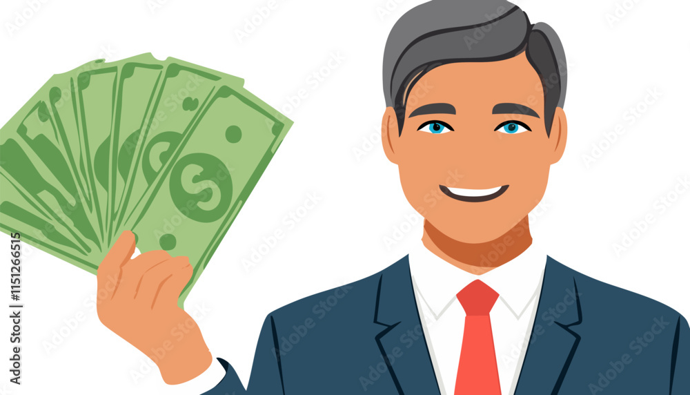 A man wearing a formal suit and tie is confidently holding a fan of cash money, displaying his satisfaction with a pleased expression on his face A man wearing a formal suit and tie is confidently holding a fan of cash money, displaying his satisfaction with a pleased expression on his face