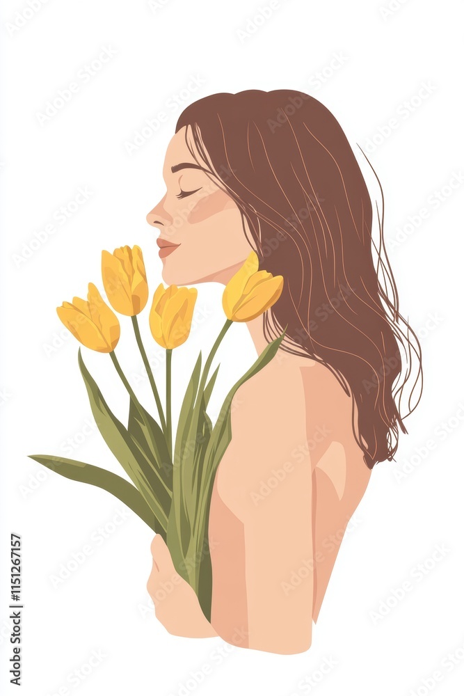 Woman Holding Yellow Tulips with Soft Expressions and Serenity Woman Holding Yellow Tulips with Soft Expressions and Serenity