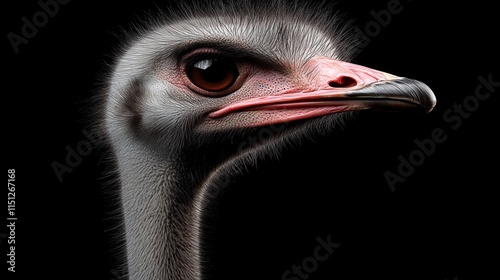 Close up of an ostrich's head with a red beak. The image has a dark background, which emphasizes the bird's features photo