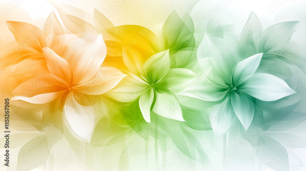 Fototapeta premium Soft and vibrant floral abstract background featuring delicate flowers in shades of orange, yellow, green, and white, creating serene and harmonious atmosphere