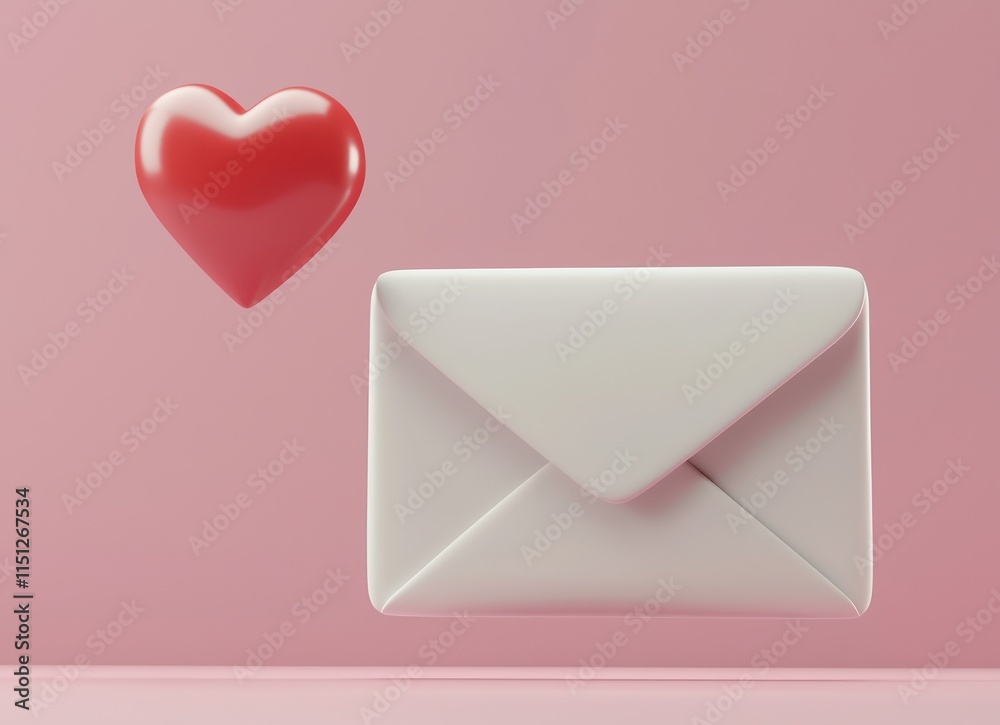 Minimalistic 3D rendering of a white envelope with a heart flying on a pink background. Minimalistic 3D rendering of a white envelope with a heart flying on a pink background.