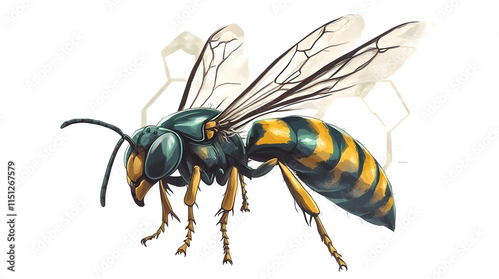A toxic wasp with green stripes, flying near a toxic symbol, on a white background
