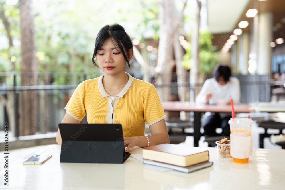 E-Learning, stressful Asian Female College Student working hard with Laptop, excessive Education effort Concept E-Learning, stressful Asian Female College Student working hard with Laptop, excessive Education effort Concept