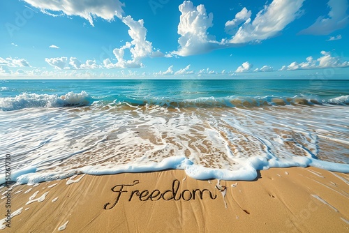 Freedom written in sand on a beach.