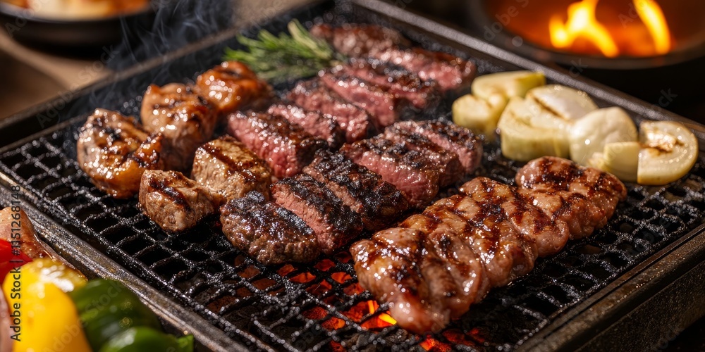 Savor the taste of assorted grilled meat as it cooks to perfection alongside fresh vegetables, all sizzling over hot coals on a barbecue for a delightful outdoor experience. Savor the taste of assorted grilled meat as it cooks to perfection alongside fresh vegetables, all sizzling over hot coals on a barbecue for a delightful outdoor experience.