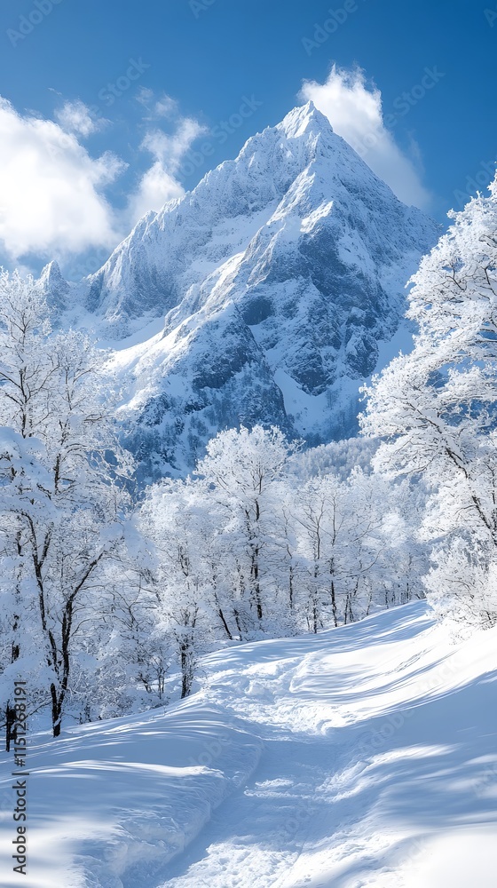 Obraz premium Majestic snowy mountain landscape under a clear blue sky.