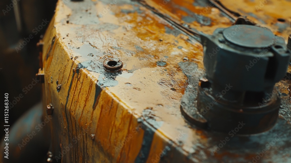 Close-up of rusty, weathered metal surface with paint drips and mechanical parts. Close-up of rusty, weathered metal surface with paint drips and mechanical parts.