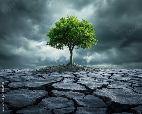 Resilient green tree standing firm in a barren cracked landscape, beneath ominous storm clouds, symbolizing hope and resilience, photorealistic and emotional