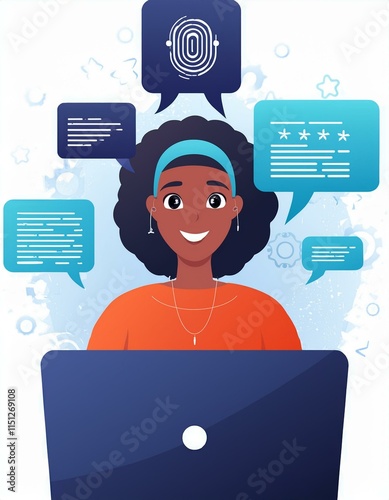 Chat Bot Chat with AI or Artificial Intelligence technology. Woman using a laptop computer chatting with an intelligent artificial intelligence asks for the answers he wants. ChatGPT