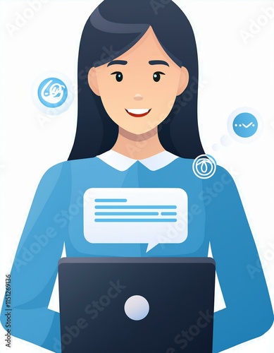 Chat Bot Chat with AI or Artificial Intelligence technology. Woman using a laptop computer chatting with an intelligent artificial intelligence asks for the answers he wants. ChatGPT