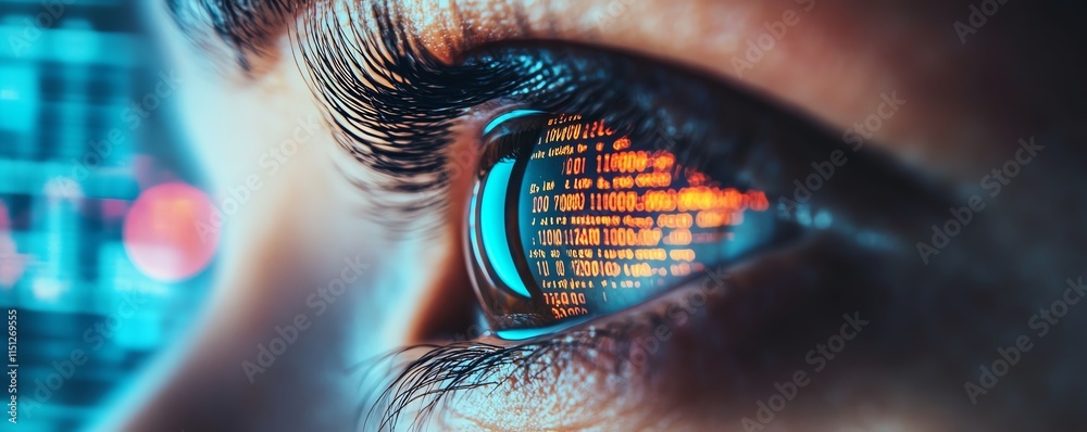 Closeup of a persons eye, reflecting vibrant stock market data and graphs, illustrating financial monitoring, surveillance, and the power of market analysis Closeup of a persons eye, reflecting vibrant stock market data and graphs, illustrating financial monitoring, surveillance, and the power of market analysis
