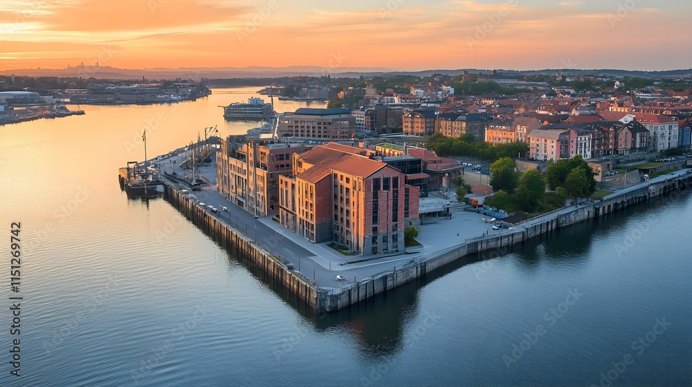 Obraz premium A beautiful waterfront view of modern buildings at sunset.