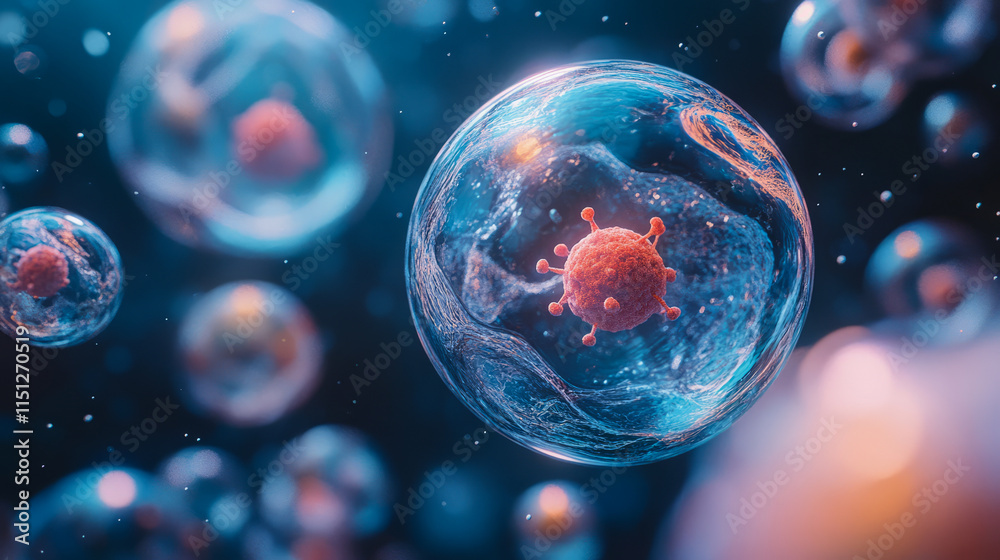 Naklejka premium Microscopic view of viruses and cells in a blue cellular environment