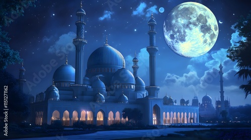 luxurious and magnificent mosque building, with a large and beautiful garden, with a beautiful view of the full moon at night photo