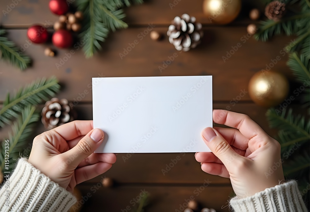 Hand holding empty christmas card on background with fir branches, red berries and gift box. Christmas card mock up. Merry Christmas. Season greeting postcard template
Hand holding empty christmas card on background with fir branches, red berries and gift box. Christmas card mock up. Merry Christmas. Season greeting postcard template
