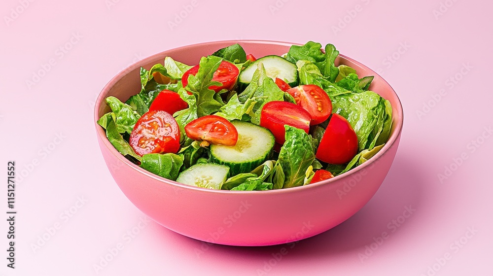 A colorful vegetable salad with lettuce, cucumbers, and tomatoes served in a pink bowl against a pastel pink background, showcasing freshness. A colorful vegetable salad with lettuce, cucumbers, and tomatoes served in a pink bowl against a pastel pink background, showcasing freshness.