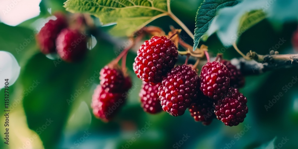 Close up image showcasing rich red mulberry fruit, highlighting the vibrant color and texture of red mulberry, perfect for illustrating the beauty of red mulberry in nature. Close up image showcasing rich red mulberry fruit, highlighting the vibrant color and texture of red mulberry, perfect for illustrating the beauty of red mulberry in nature.