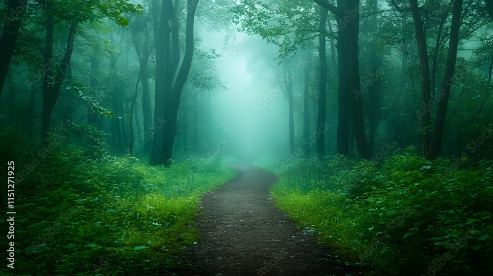Obraz premium A misty forest pathway surrounded by lush greenery.