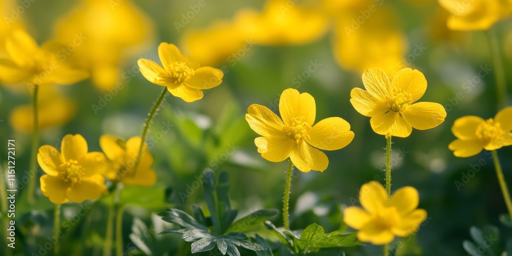 Fototapeta premium Greater celandine herb featuring vibrant yellow flowers captured in a meadow. This close up of greater celandine highlights the unique beauty of the greater celandine plant in natural surroundings.