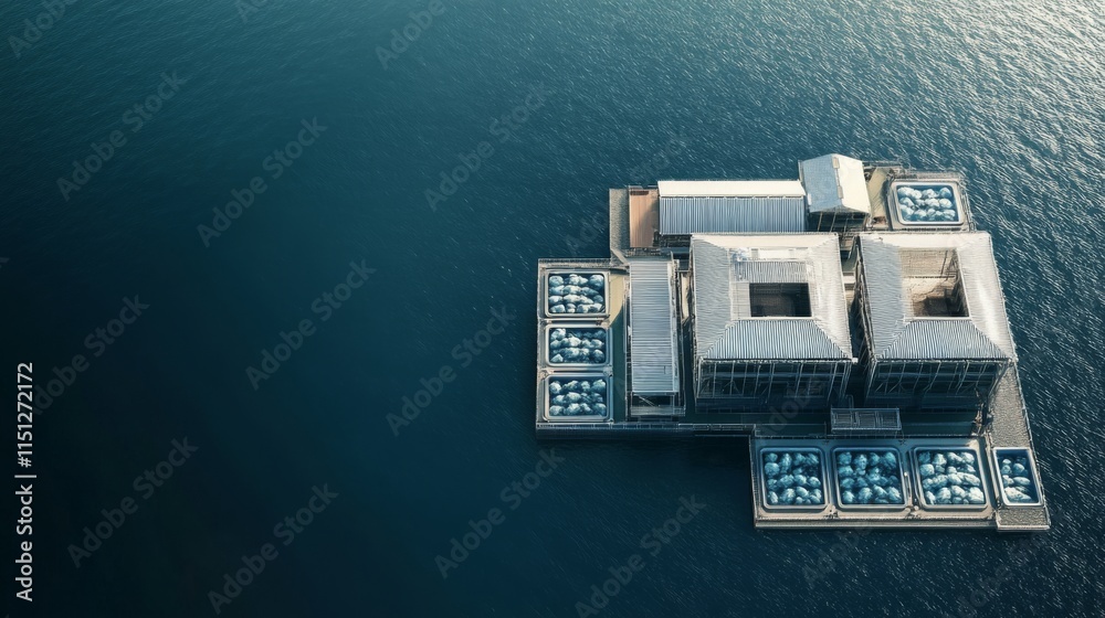 Fototapeta premium Aerial view of a modern building complex on a floating platform in the ocean.