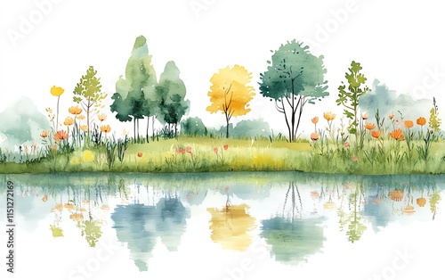 Delicate floating garden in the sky, watercolor illustration with a nature park scene background, simple clipart style, ideal for nursery art on a white background photo