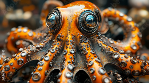 Steampunk Metal Glass Octopus Sculpture with Intricate Detail and Retro-Futuristic Design Art photo