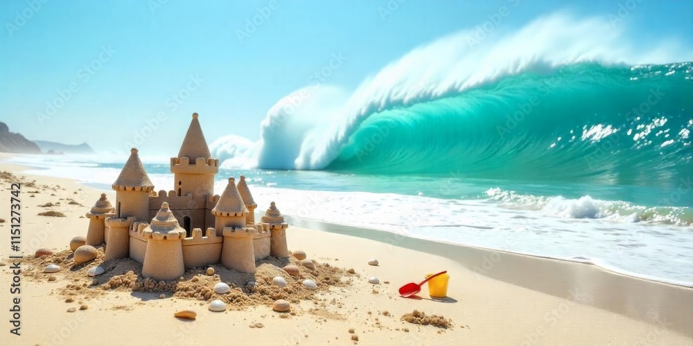 Naklejka premium Building a sand castle by the ocean with waves crashing nearby on a sunny day