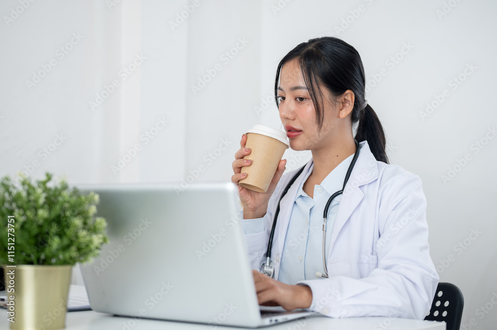A confident Asian female doctor reading medical cases on her laptop, working in the office. A confident Asian female doctor reading medical cases on her laptop, working in the office.