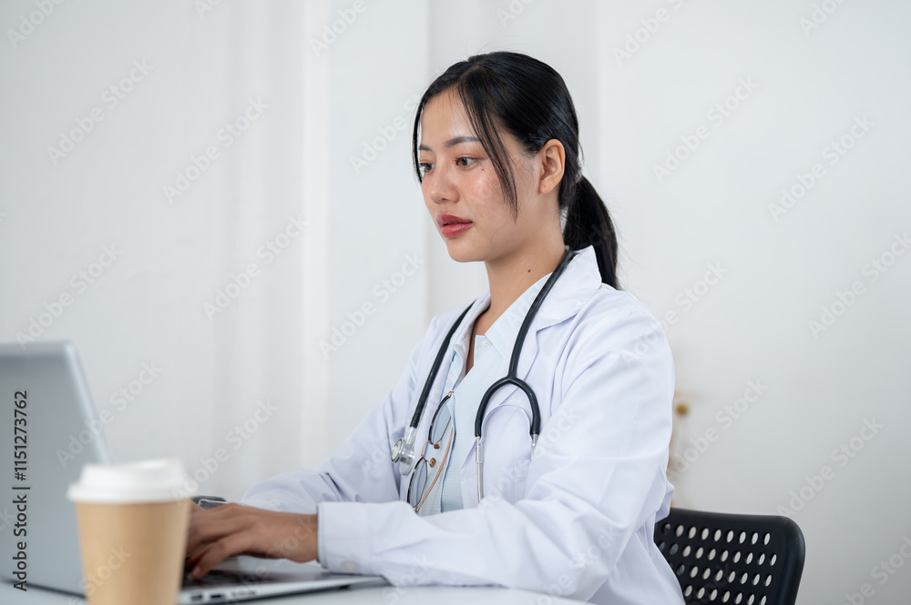 A confident Asian female doctor working on her laptop at her desk in the office in the hospital. A confident Asian female doctor working on her laptop at her desk in the office in the hospital.