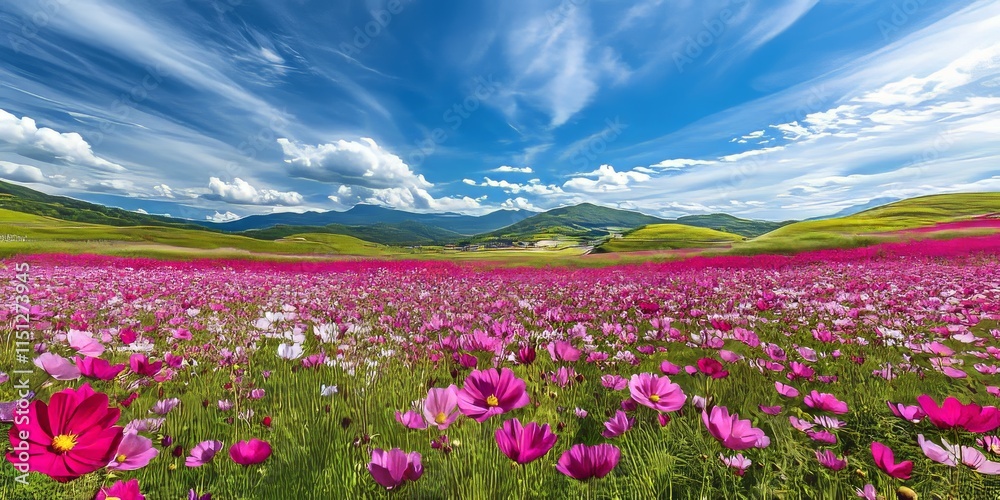 Obraz premium Vibrant cosmos flower field during a festival celebrating Kochia scoparia, showcasing the beauty and diversity of these stunning cosmos flowers in a breathtaking landscape.