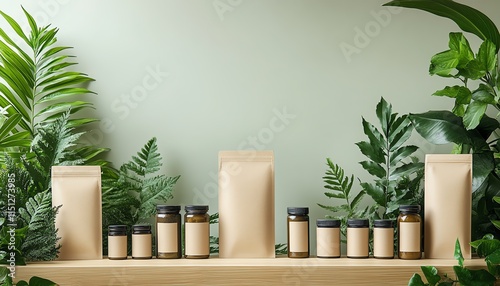 Naturalthemed ecofriendly packaging mockup, surrounded by greenery, with a clean 3D design perfect for presenting sustainable branding and product concepts photo