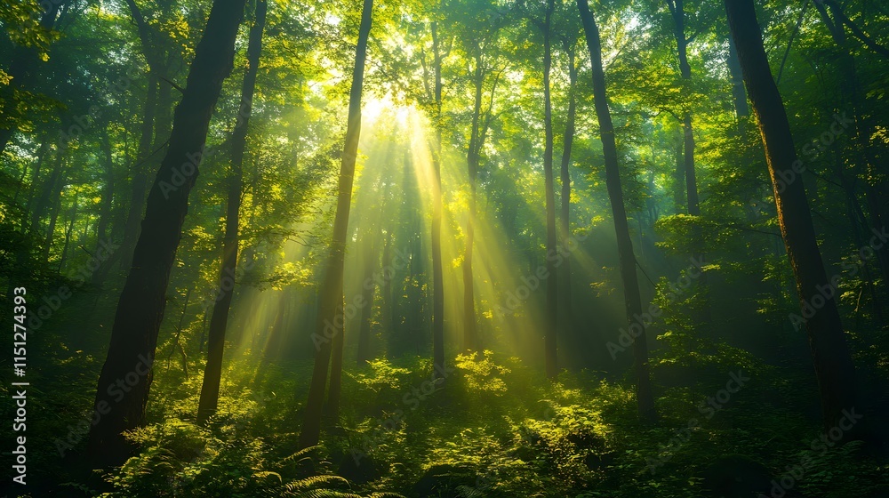 Fototapeta premium Sunlight streams through lush greenery in a serene forest setting.