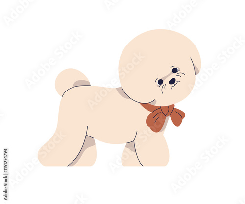 Bichon Frise puppy wearing elegant bow. Cute fluffy canine animal, little dog...