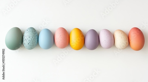 Colorful Decorative Eggs Arranged in a Row on White Background