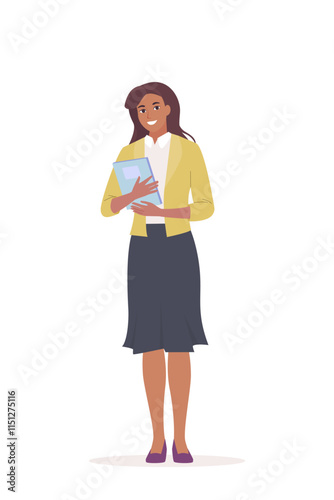 Young woman Teacher character in suit standing and holding file or textbook. The concept of school, teachers day, back to school