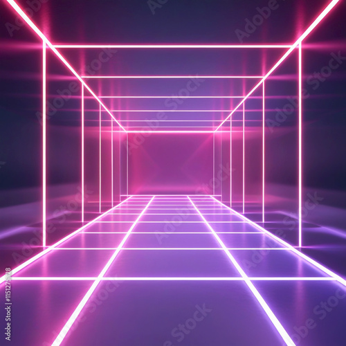 Abstract background with lights. Futuristic indoor car parking with neon lighting. 