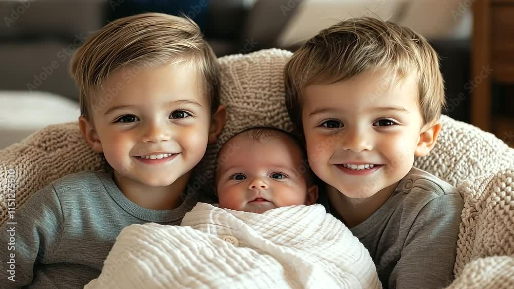 Older Sibling Tucking In Baby Brother with Soft Blanket Older Sibling Tucking In Baby Brother with Soft Blanket