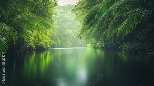 Serene Jungle River Surrounded by Lush Green Tropical Foliage