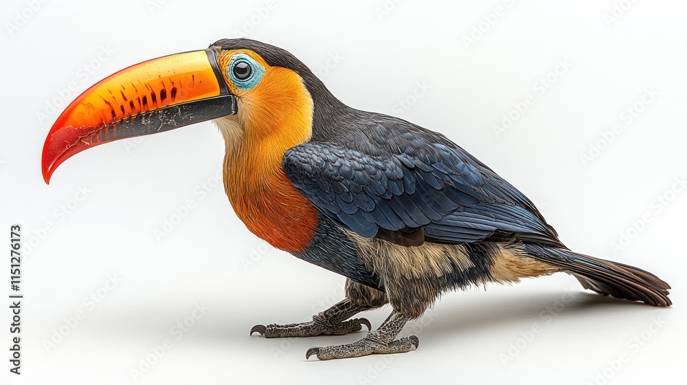 Fototapeta premium A colorful toucan, viewed in profile, against a white background.