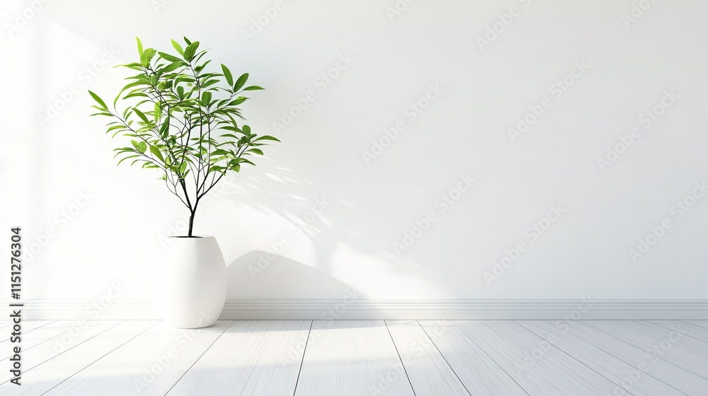 Obraz premium Bright Modern Interior with Minimalist Green Plant in Pot