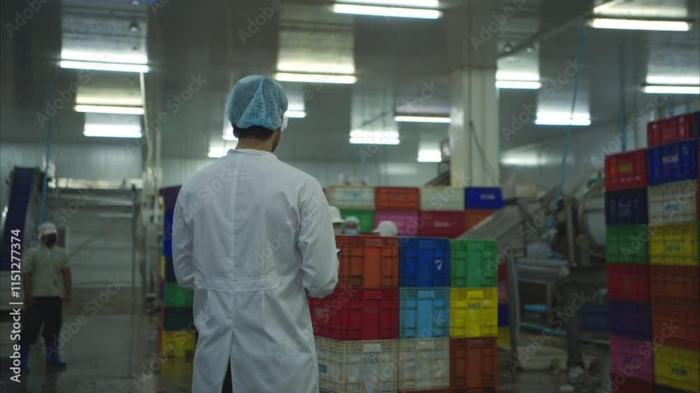 Production control supervisor inspects and controls the operation of each step in the production line of a canned fish factory Production control supervisor inspects and controls the operation of each step in the production line of a canned fish factory